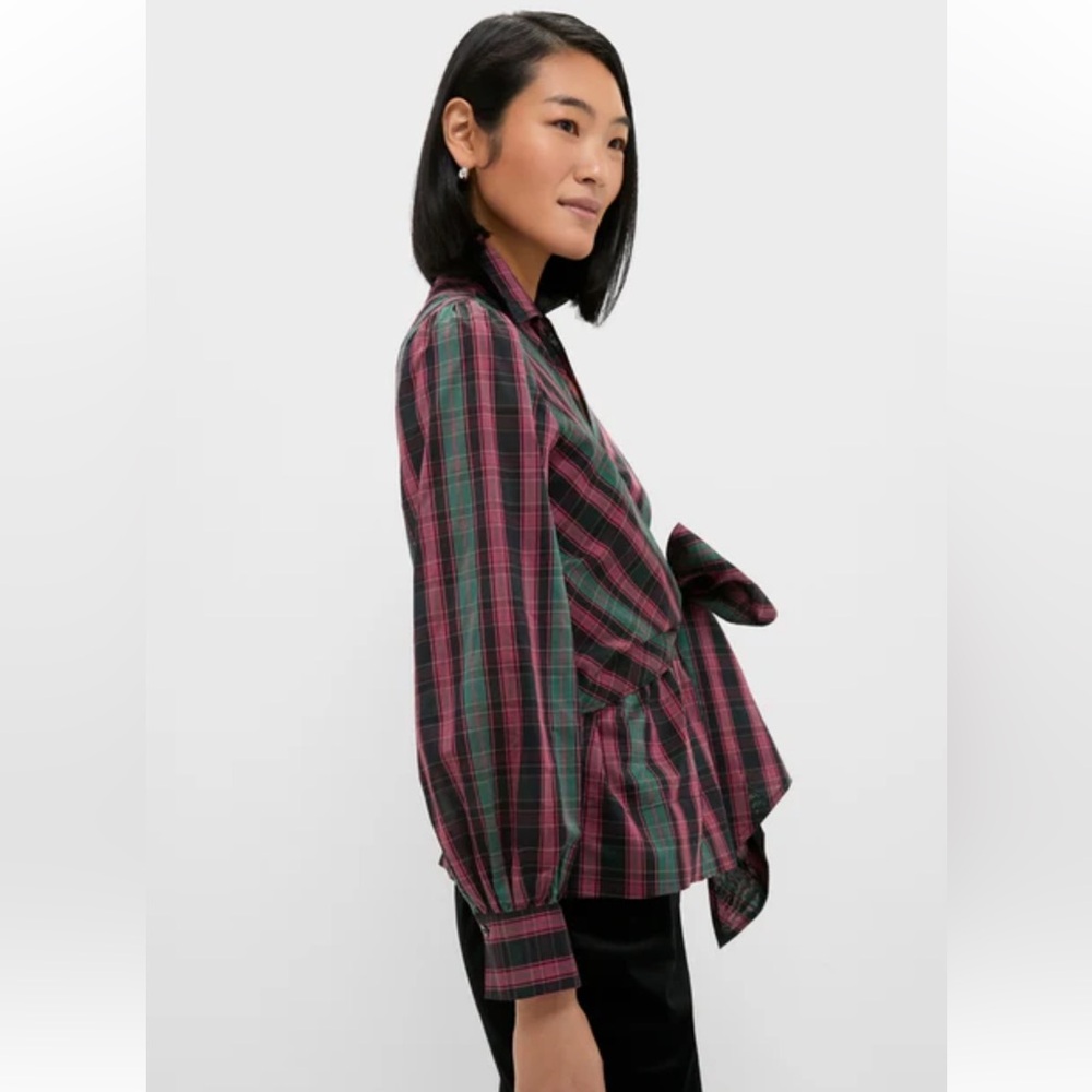 NWT TUCKERNUCK Tartan Tie Front Bow Bea Blouse Women’s Medium 5550 - Picture 10 of 12